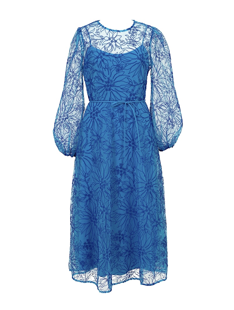 [ML Monique Lhuillier］<br>パフスリーブ 刺繍ドレス(38)-ブルー